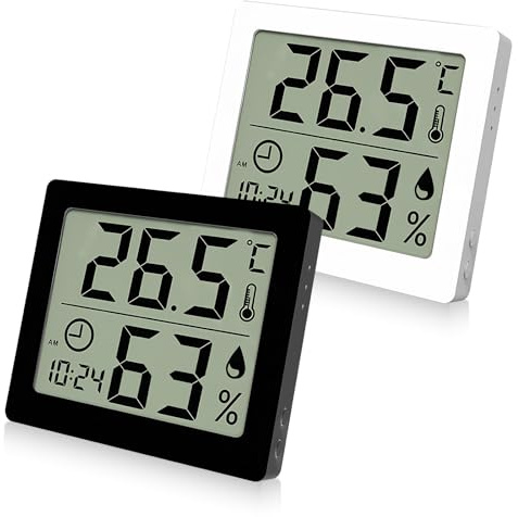 LEKEFETO Hygrometer Thermometer: 2 Stück Mini Digitale Thermo-Hygrometer, 3,2 Zoll LCD Großes Display, Hohe Genauigkeit, für Innenraum (Weiß + Schwarz)