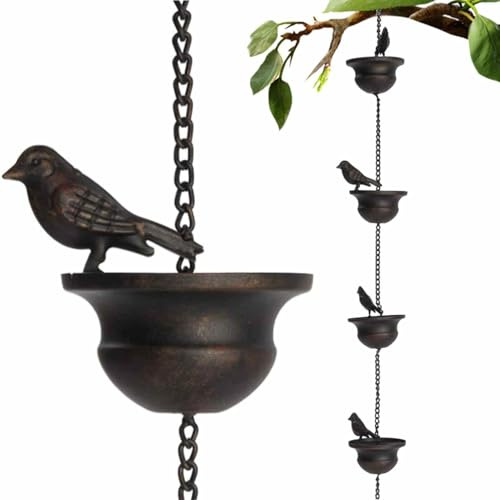 Metal Rain Chain for Gutter, Movable Hanging Rain Chains, 7.8ft Decorative Rain Chimes with Attached Hanger and 8 Birds, Bird Design Rain Chain Gutter Ornament for Divert Water Away for Outside Garden