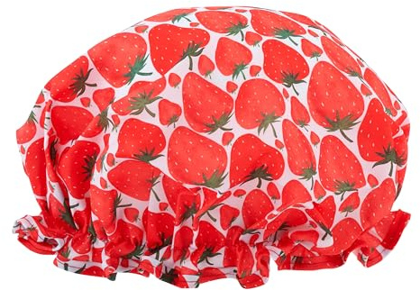 SMUG Duschhaube – wasserdichte Duschhaube mit elastischem Futter – drei Drucke erhältlich – Duschen, Kochen, Spa-Salon, Schlafen, Make-up – Duschhauben für Damen, langes Haar, kurzes Haar, Erdbeere