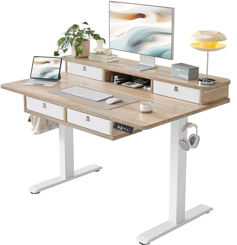 TIQLAB 48 * 28 Inch Standing Desk with Four Drawers, Electric Sit Stand Table, Stand Up Desk Adjustable Height with Storage Shelf, Splice Board, Maple