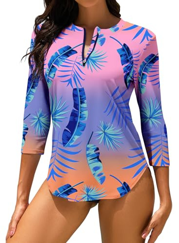 WOWENY Costume da Bagno Anti UV da Donna, con Protezione Rashguard, Maniche A 3/4 Cerniera A 1/4 Asciugatura Rapida, per Acqua, Surf, Spiaggia