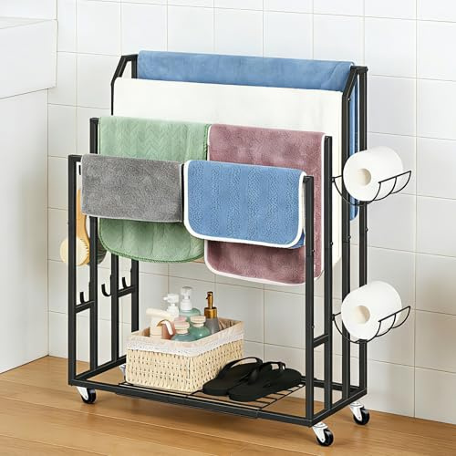 Freistehender Handtuchhalter Ständer Schwarz Handtuch Trocknen und Display Rack mit Rollen, Indoor Outdoor 4 Etagen Decke Leiter Halter mit Regalen, 6 Metallhaken für Badezimmer, Pool, Wohnzimmer