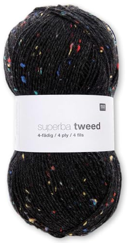 Frida's Wollhaus Rico Design 100 g superba tweed 4-fädig Sockengarn Wolle Garn Stricken Häkeln 8 Farben (008 | Schwarz)