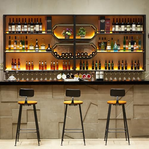Weinregal Wand mit LED Licht, 4-Schicht Bar Regale Wand mit Glashalter, Moderne Metall Wein Weinpareite Display Rack, Flaschenregal für Zuhause, Bar, Küche, Restaurant (black, 240*25*125cm)