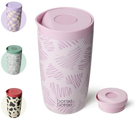 Bottle Bottle – Thermos isotherme de voyage de 350 ml en acier inoxydable avec bouton-poussoir, tasse à café pour bureau, conserve le froid et le chaud pendant 8 heures (rayures roses)