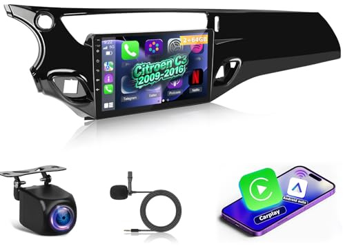 NHOPEEW 2G+64G Android Car Radio para Citroën C3 2009-2016 - Wireless Carplay & Android Auto - 9 Pulgadas Stereo con WiFi GPS FM RDS + Cámara de visión Trasera&Mic