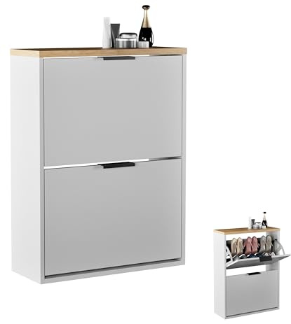Planetmöbel Schuhschrank schmal mit 2 Klappen platzsparender | Schuhregal, 4 Ablagen, Schuhkommode für Diele, Flur, Garderobe 60 x 23 x 80,5 cm, weiß grau