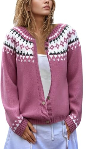 Generisch Cardigan pour femme avec motif norvégien au niveau du col - Cardigan boutonné de style scandinave - Veste en tricot confortable pour l'automne, Style_t01 Rose, S