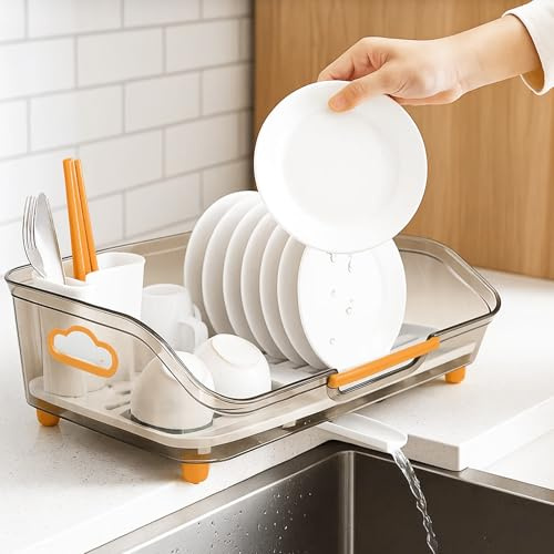 SUNNYNEST Dish Drainer Rack with Drip Tray 44X28X13CM Space-Saving Dish Drainer with Utensil Holder Cutlery Tray Silverware Cup Dryer Storage Organizer Countertop Space Saver for Kitchen Sink (Gray)