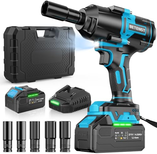 BETENST Clé à Chocs Sans Fil 1000N.m, Brushless Boulonneuse a Choc Electrique 1/2 avec 4,0 Ah Batterie, 5 Douilles à Chocs, 21V Visseuse à Chocs avec pour Boulonner et Déboulonner