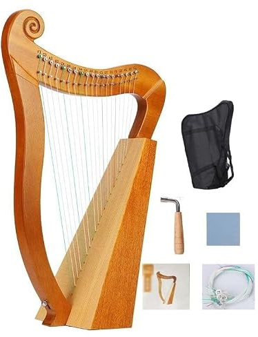Arpa irlandesa celta, 19 cuerdas, arpa de palanca de madera de caoba con llave de afinación y bolsa, 3 orificios de sonido para una resonancia rica