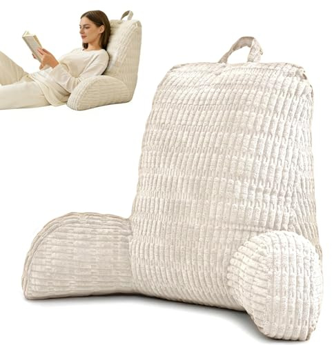 Exquilnova Almohada de lectura para cama de adulto, cojín extraíble, almohada de apoyo lumbar con bolsillos, soporte para brazos, cojín de espalda para adultos sentados en la cama, sofá, suelo, silla