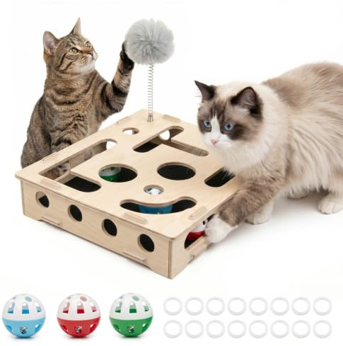 Shyllin Juguete Interactivo para Gatos de Madera, Caja Puzzle para Gatos Puzzle de Madera para Gatos (Beige)