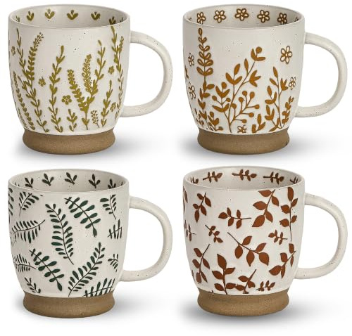 Juego de 4 tazas de café grandes de cerámica de 18 onzas, tazas florales rústicas hechas a mano con asa, aptas para microondas para café con leche, café, café, cacao, leche, tazas grandes modernas y