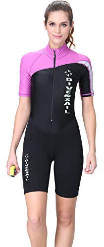 Women One Piece Shorty Wetsuit 1.5 mm Neoprene Full Body Diving Suit Fast Dry Surfing Suit UV Protection Rash Guard for Snorkeling Sailing S Purple