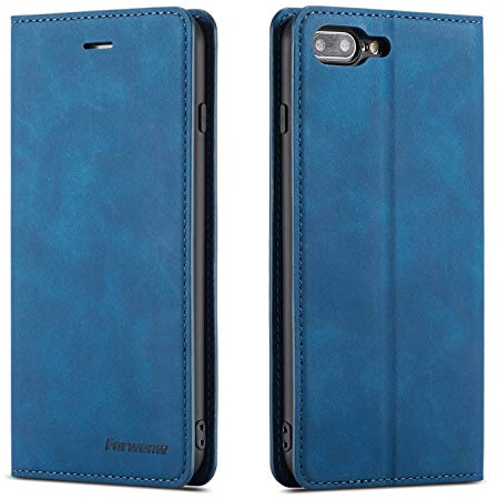 EYZUTAK Hülle für iPhone 7 Plus iPhone 8 Plus, Magnetverschluss Premium PU Leder Flip Case mit Kartenfächern Brieftasche Standfuntion stoßfeste Silikonhülle Retro Ledertasche - Blau