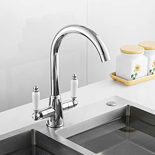 Traditional Kitchen Sink Mixer Tap Elegant White Ceramic Dual Lever Taps Monobloc Swivel Spout Chrome Brass with UK Standard Fittings