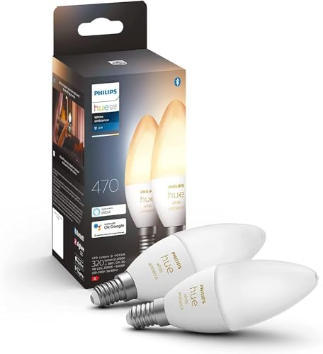 Philips Hue White Ambiance E14 LED Lampen 2er Pack (470 lm), dimmbare LED Leuchtmittel für das Hue Lichtsystem mit warm- bis kühlweißem Licht, smarte Lichtsteuerung über Sprache und App