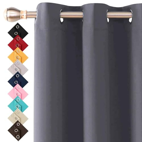 Blackout Curtains for Bedroom 2 Panels (Charcoal Grey, 46 x 72 Drop Inch) | Thermal Insulated Energy Saving Black Out Ring Top Eyelet Curtains & Drapes for Living Room Windows