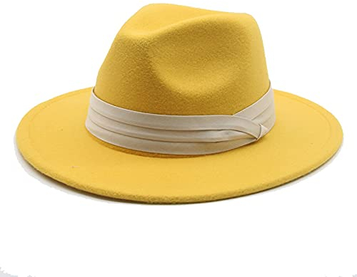 QBQZXAOSOWH Fedora Trilby Hüte Für Damen Fedoras Hüte Klassische Panama-Männer Breite Krempe Filzhut Kirche Hochzeit Filzband 59-61 cm (XL) Gelb