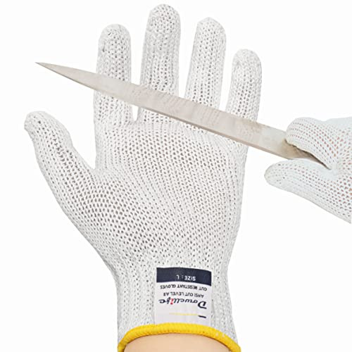 Dowellife Level 8 Reinforced Cut Resistant Gloves, Food Grade, Knife Safety Gloves for Meat Cutting, Oyster Shucking, Fish Fillet, Kitchen Slicing and Wood Carving, White, Large