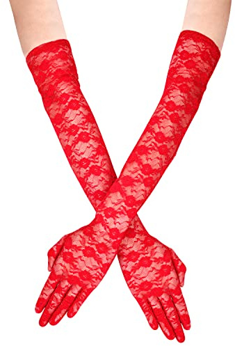 KINBOM Gants Longs en Dentelle pour Femme, Gants de Mariée pour Mariage Motif de Petit Fleurs Gants en Dentelle pour Thé Costumes des Années 1920 Mascarade, Une Paire, Longueur 54cm (Rouge)