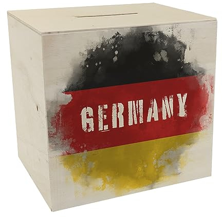 Spardose aus Holz mit Deutschland-Flagge im Used Look - Sparschwein für Urlauber eine schöne Sparbüchse mit der Deutschen Nationalflagge verziert um auf die Reise nach Deutschland