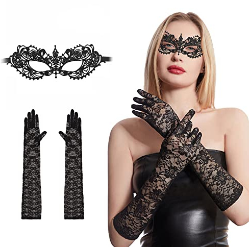 JIASHA Halloween Spitzenmaske mit Spitzenhandschuhe, Damen Sexy Spitze Augenmaske Schwarze Spitze Augenmaske Lace Augen-maske Venezianische Maske, für Maskenball Karneval Maskerade Cosplay