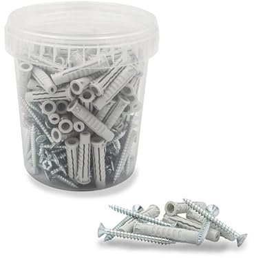 Virsus Secchiello con 100 Tasselli a muro in Nylon e 100 viti in acciaio 100, misura 8x40 mm, tasselli universali assortiti ad espansione, fissaggio su muratura, mattoni, cemento