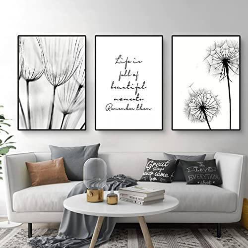 EXQUILEG 3er Poster Set Löwenzahn Bilder Set Modern Schwarz Weiß Leinwandbilder Wandbilder für Wohnzimmer Deko Ohne Rahmen (40x50cm)