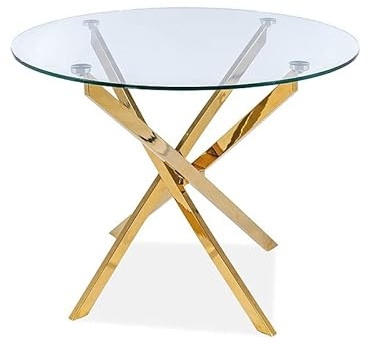 Signo Meble - Mesa de comedor redonda de cristal templado y 4 patas de metal dorado - D 90 x 75 cm
