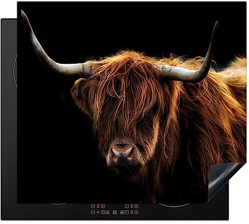 KitchenYeah© Induction Hob Protector Mat Cooker Top Protectors Cover | 20.5x23.6 / 60x52 cm - Ceramic Covers Electric Hobs Vinyl Scottish Highlander - Horns - Black - Animals - Nature