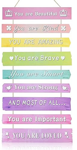 Inspirational Phrase Wall Art, Motivational Wall Art Bedroom Decor, Rainbow Wall Hanging Sign for Girls Gift, Positive Phrases Wall Decoration Wood Sign for Bedroom, Nursery, College Dorm
