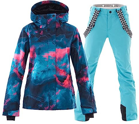 ALSOGO Damen Skianzug Schneeanzug Winddicht Wasserdicht Skifahren Snowboardjacke Trägerhose Set Zum Skifahren Snowboarden Klettern SMNGN+Blue S