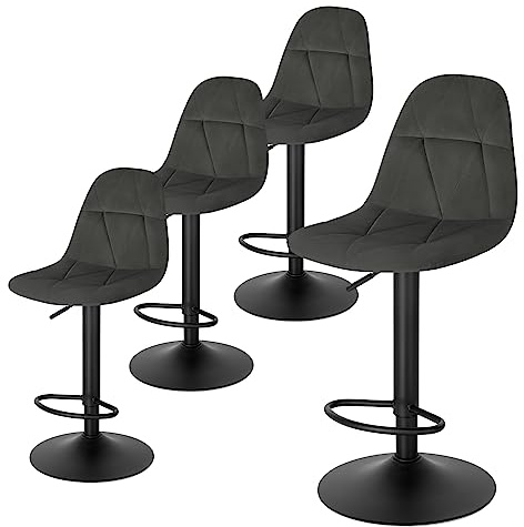 Lestarain Barhocker 4er Set, Tresenhocker, Bistrohocker, Design-Hocker mit Rückenlehne, höhenverstellbar, 360°Drehhocker, Barstuhl mit Samtbezug, aus Metall, Sitzhöhe 60-81 cm, dunkelgrau