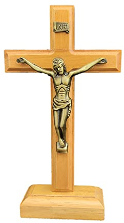 Frotox Katholisches Jesuskreuz aus Holz mit Ständer - Tischkreuz religiöses christliches stehendes Kruzifix - Tischdekoration Kirche Gebet - Klassisch - Hochformat - Wohnzimmer