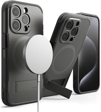 Ringke Alles [Compatible with MagSafe] for iPhone 15 Pro Case, [Built-in Kickstand] Rugged Shockproof Bumper Adjustable Stand Protective Phone Cover for Magnetic Charger/Accessories - Gunmetal
