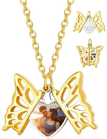 Custom4U Personalisierte Medaillon zum Öffnen für Bilder Damen Fotokette | Engelsflügel Medaillon Foto Kette mit Gravur Silber/Gold/Schwarz Locket Amulett mit 50cm kette Geschenk für Mutter Ehefrau