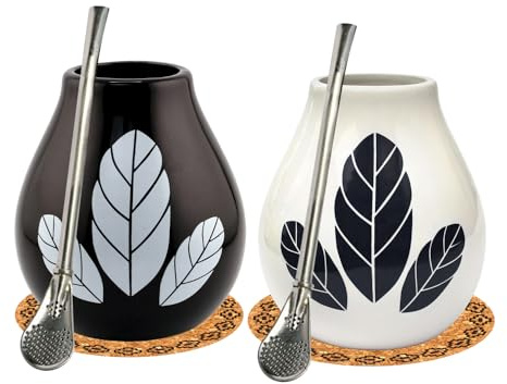Lot de 2 tasses à thé maté en céramique Yerba mate Hoja Calebasse 350 ml ● Bombilla en acier avec anneau de refroidissement en acier inoxydable ● Tampon en liège ● Kit de démarrage pour deux