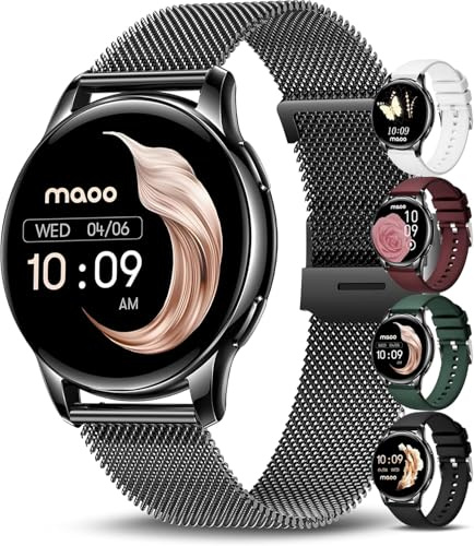 maoo Ventura Smartwatch Damen mit Anruffunktion, 1,32-Zoll-AMOLED-Display, Herzfrequenzmesser, SPO₂, Blutdruckmesser, 100+ Sportmodi, IP67 wasserdicht, inklusive 5 Armbänder (Schwarz)