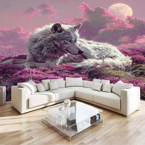 Fototapete 3D Effekt Tier Wolf Lila Blume Vliestapete Bedrucktes Wandbild, Modernes Wanddeko Poster Kunst, Für Wohnzimmer Schlafzimmer, Mit Geruchsfreiheit B200 X H140 Cm