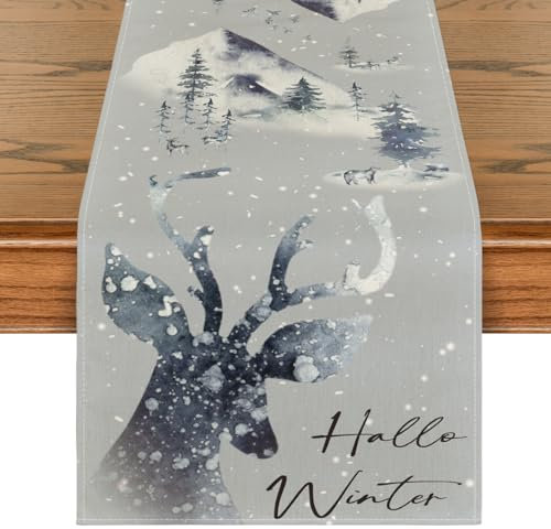 Artoid Mode Hallo Winter Rentier Schneegebirge Bär Schnee Weihnachten Tischläufer, Küche Tisch Dekoration Drinnen Urlaub Party Dekor 40x240 cm