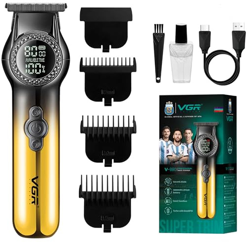 VGR Regolabarba da uomo ricaricabile USB-C, elettrico, professionale, 8000 giri/min, luce LED, 2 velocità, lame in ceramica, batteria da 200 minuti, tagliacapelli senza fili, kit per la cura del viso
