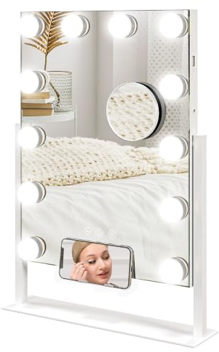 HOMCOM Hollywood Vanity Mirror with Lights Lighted Makeup Mirror 37x46 cm | 10X Magnifying, USB Charging Port, Phone Holder, 360° Rotation, Touch Screen, 3 Colour, 12 LED Bulbs