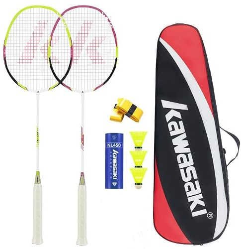 A1 TAAN Kawasaki Badmintonschläger Graphit Badminton Set Profi Leichtgewicht Badminton schläger für Sport, Training und Unterhaltung mit 3 Federbälle, 2 Griffbänder & Schlägertasche (Violett Grün)