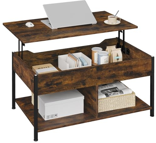 WOLTU Couchtisch höhenverstellbar, Lift-Top-Beistelltisch, Wohnzimmertisch mit Hebeplatte, Kaffeetisch, offener versteckter Stauraum, Rustikales Braun, Metall, B90xH45-60xT50-73 cm,BTS15vbn