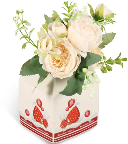 Vase à fleurs, vase en carton de lait, vase décoratif en céramique d'inspiration vintage, vase à fleurs artistique pour la maison et le bureau (fraise rouge)