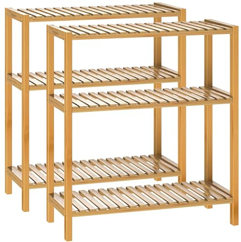 Casaria® Badezimmer Bambus-Regal Wasserfest 2er Set mit je 3 Ablagen | 2x Standregal aus Bambus, Standregal, Schuhregal, Gewürzregal, Beistellregal, Holzregal schmal für Bad, Küche, Flur, und Büro