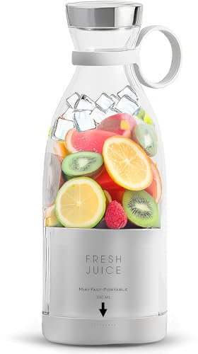FreshJuicer, Portable Blender for Shakes and Smoothies 350ML, Rechargeable Personal Smoothie Maker with USB Wireless Charger, Perfect for Travel, Gym, and Office (WHITE) (WHITE)