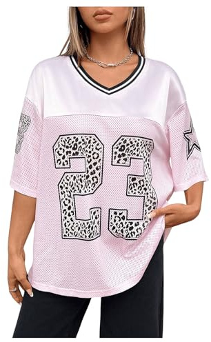 GORGLITTER Women's Jersey Letter Graphic Tee Oversized Off Campus T Shirts V Neck Half Sleeve Summer Festival Streetwear Tops Pink S